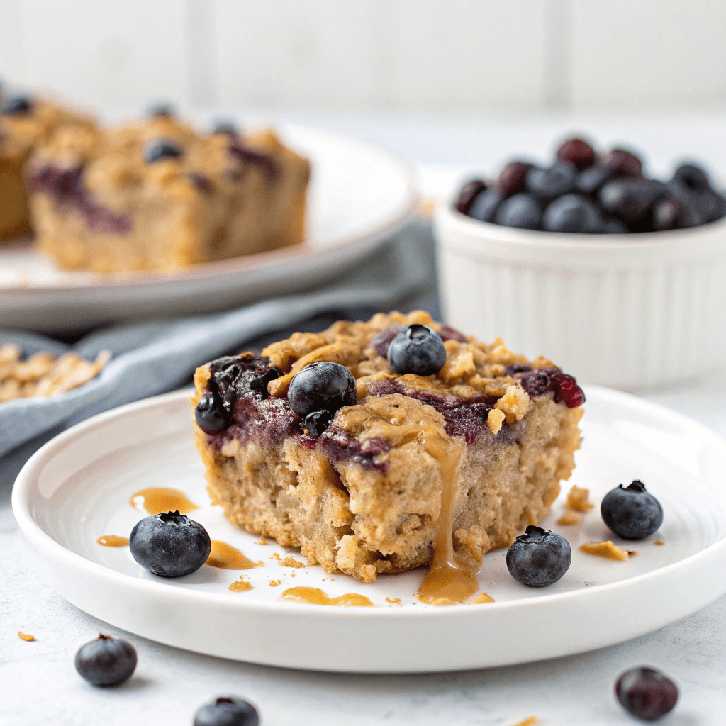 A close-up of golden-brown Baked Protein Oats with juicy blueberries on top, drizzled with creamy peanut butter, served on a white plate with a fork.