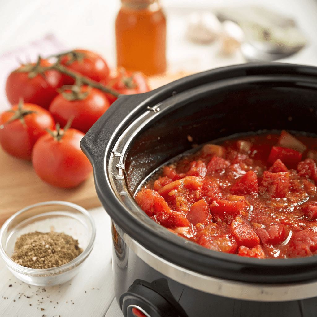 A slow cooker filled with diced tomatoes, crushed tomatoes, broth, and seasoning, ready to cook.