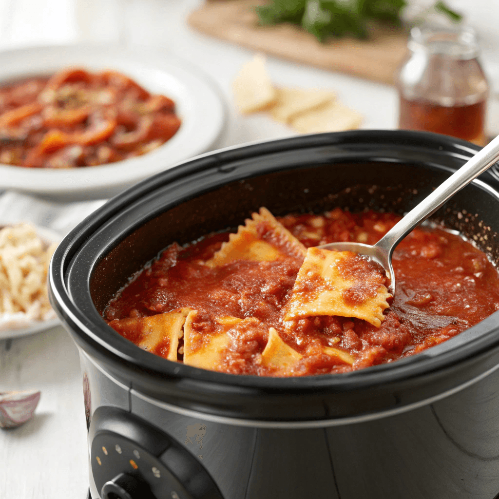 Broken lasagna noodles being stirred into the slow cooker with the tomato broth.