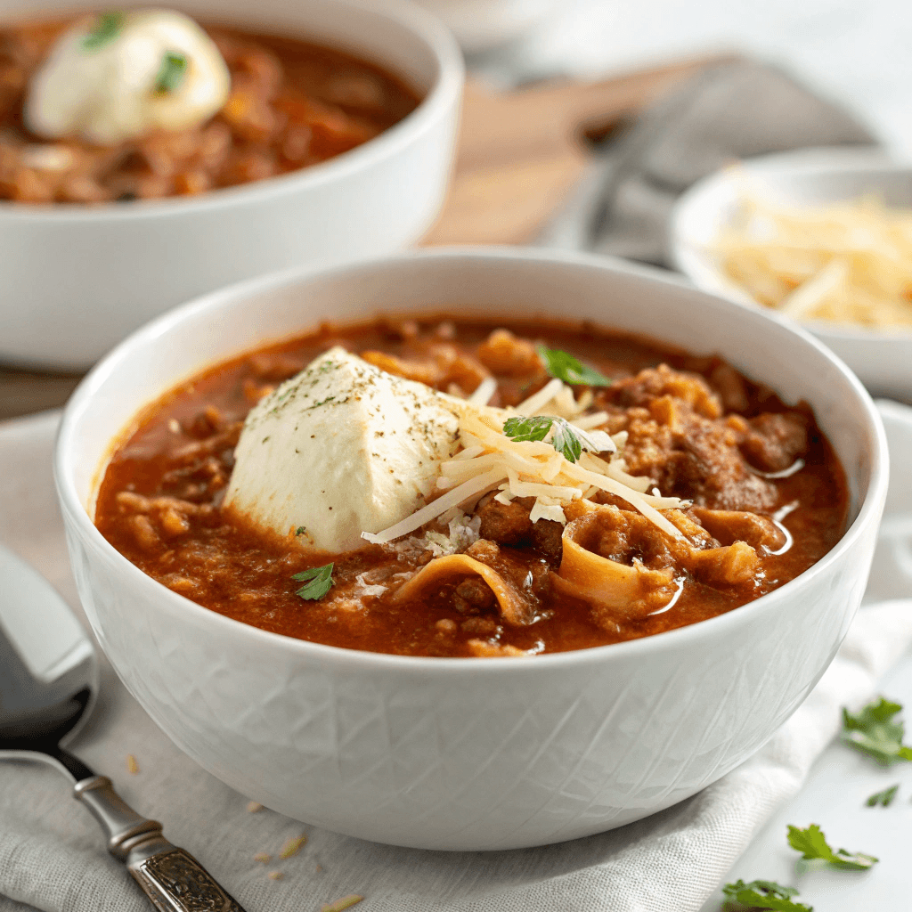 A bowl of slow cooker lasagna soup topped with ricotta, mozzarella, and parmesan cheese.