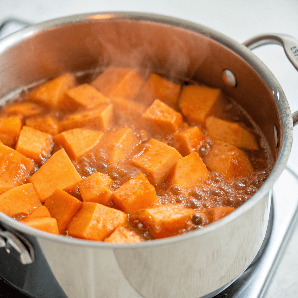 A pot of chopped sweet potatoes boiling on the stovetop, with steam rising to highlight their tenderness.