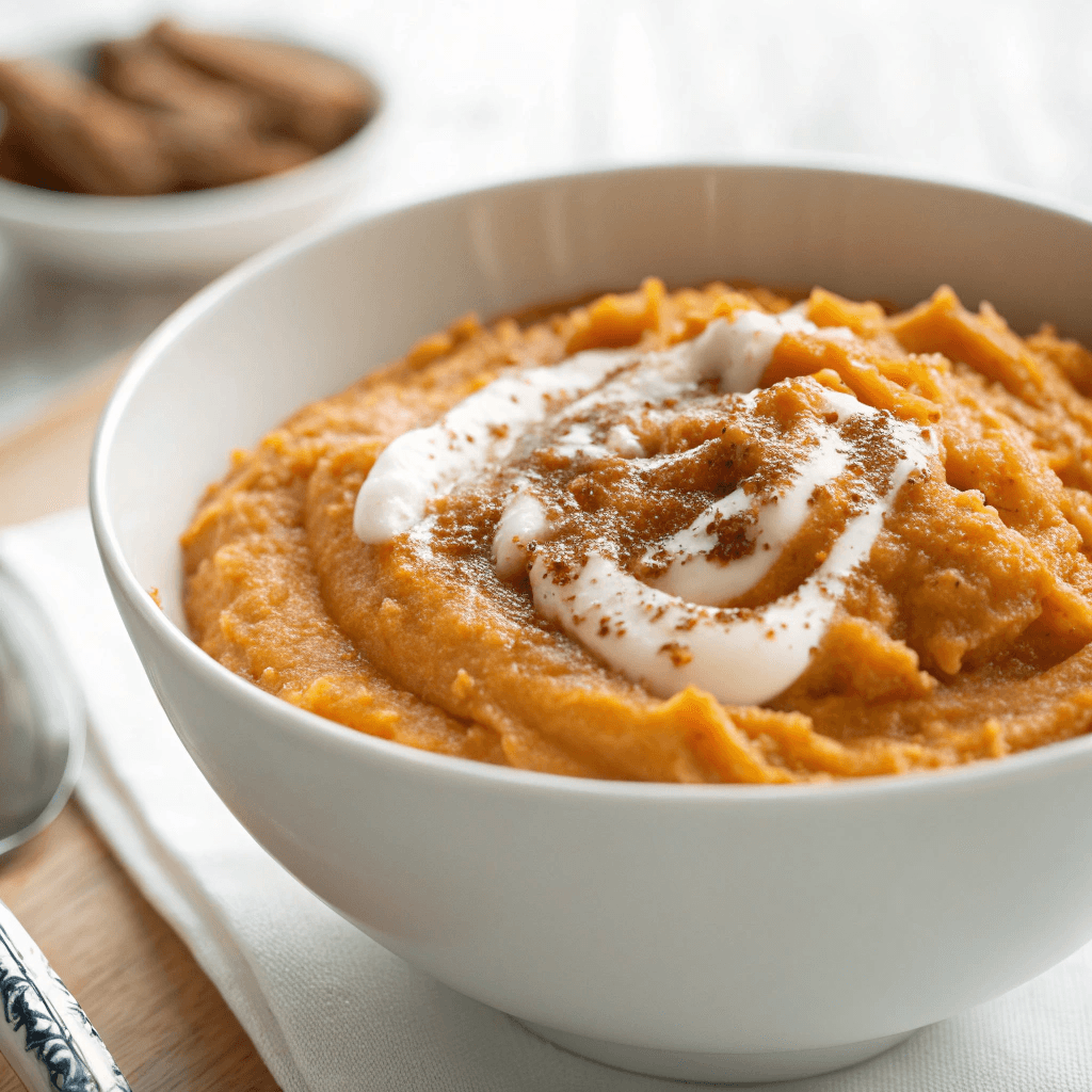 A bowl of mashed sweet potatoes mixed with coconut milk and spices, creating a smooth and creamy texture.