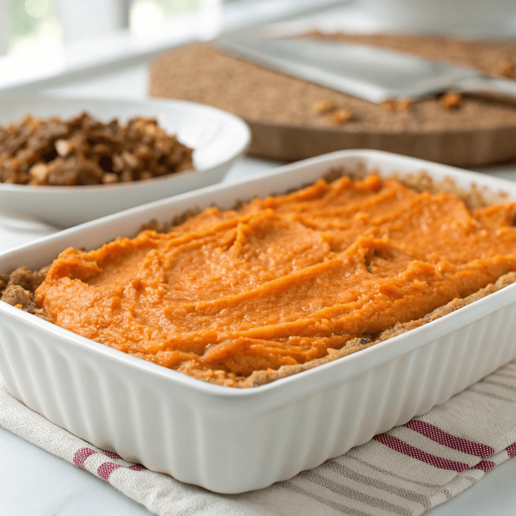 A baking dish filled with smooth sweet potato filling, ready to be topped with pecan streusel.