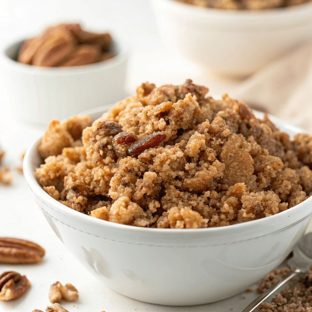 A bowl of crumbly pecan streusel mixture, showing the rich, buttery texture.