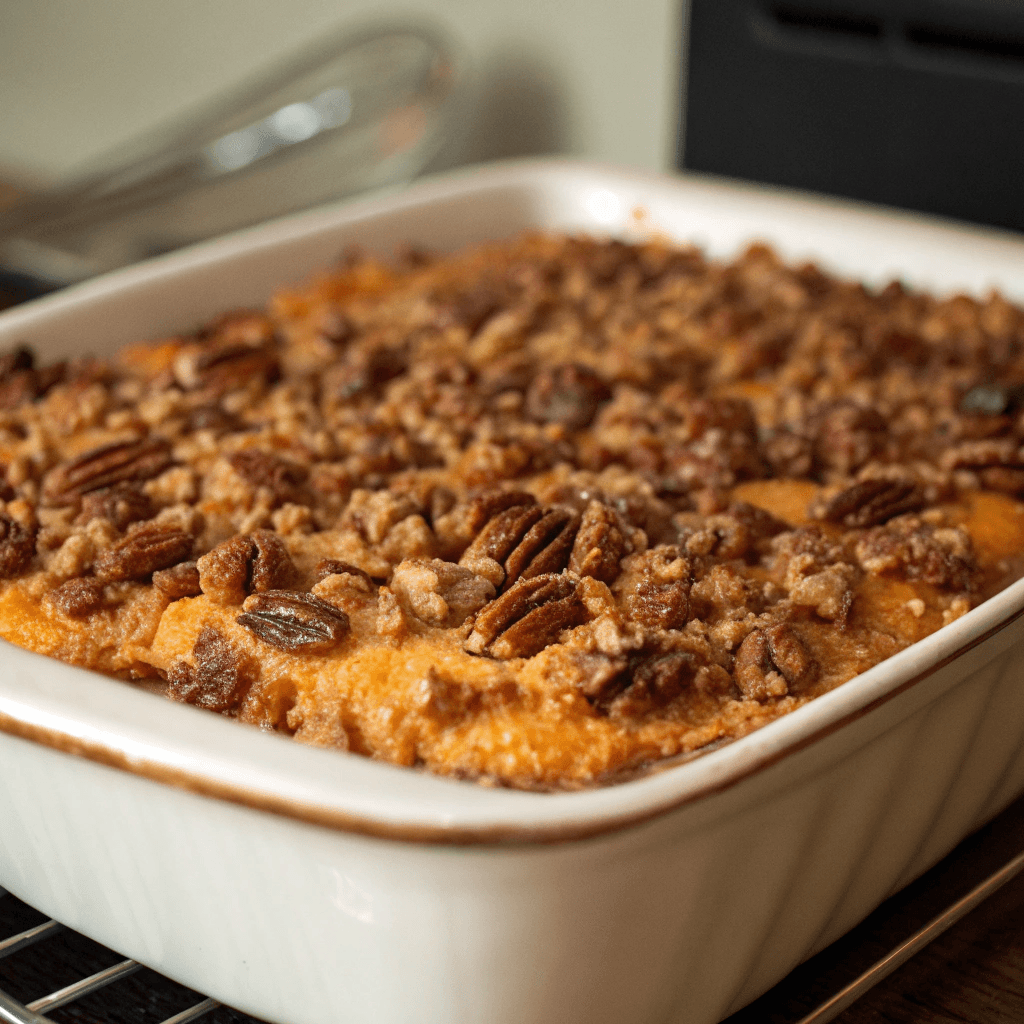 The assembled casserole in the oven, with the pecan topping turning golden brown and crispy.