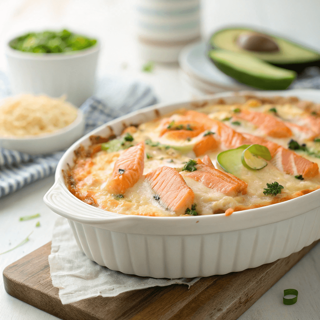 A freshly baked salmon sushi casserole, golden and bubbling, garnished with avocado, green onions, and drizzled with spicy mayo.