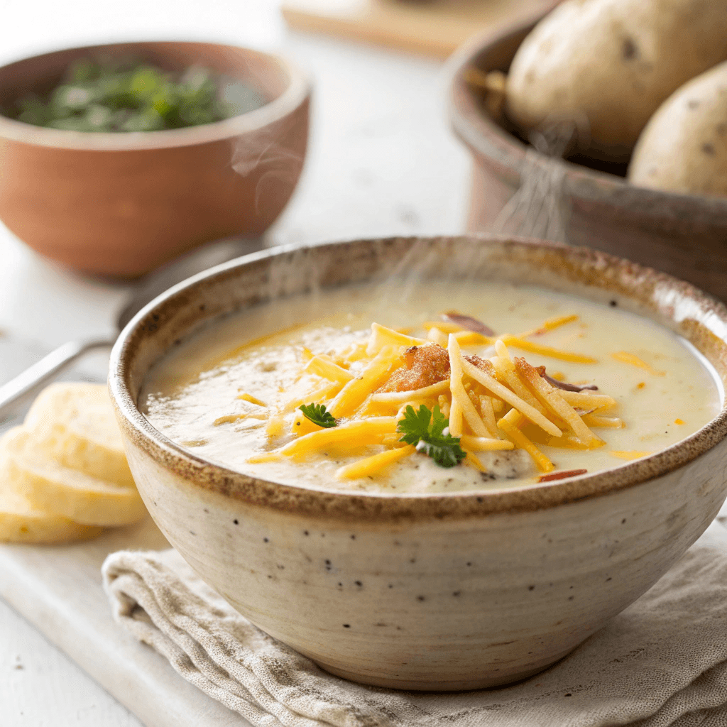 A steaming bowl of Cheesy Potato Soup topped with melted cheddar, fresh chives, and a swirl of sour cream, served in a rustic ceramic bowl.