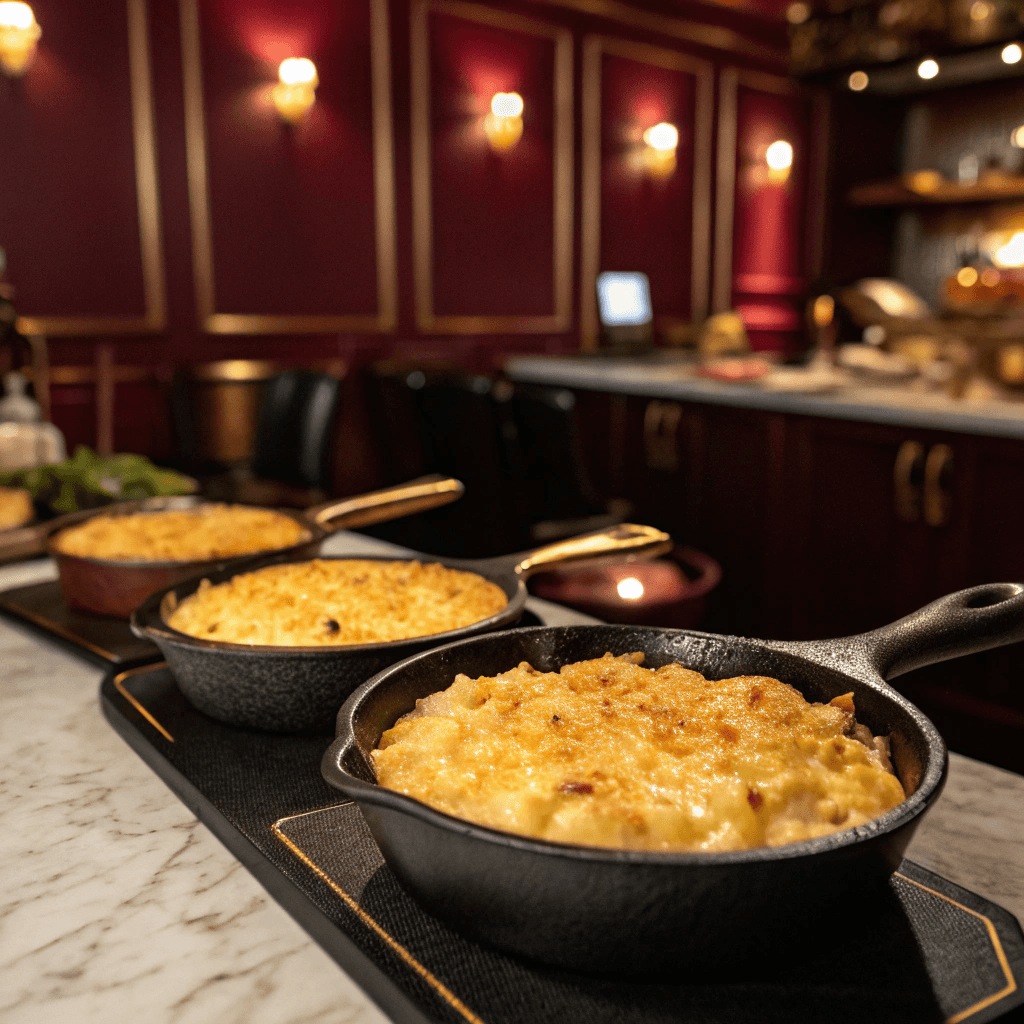 A smoker filled with cast iron skillets bubbling with golden mac and cheese.