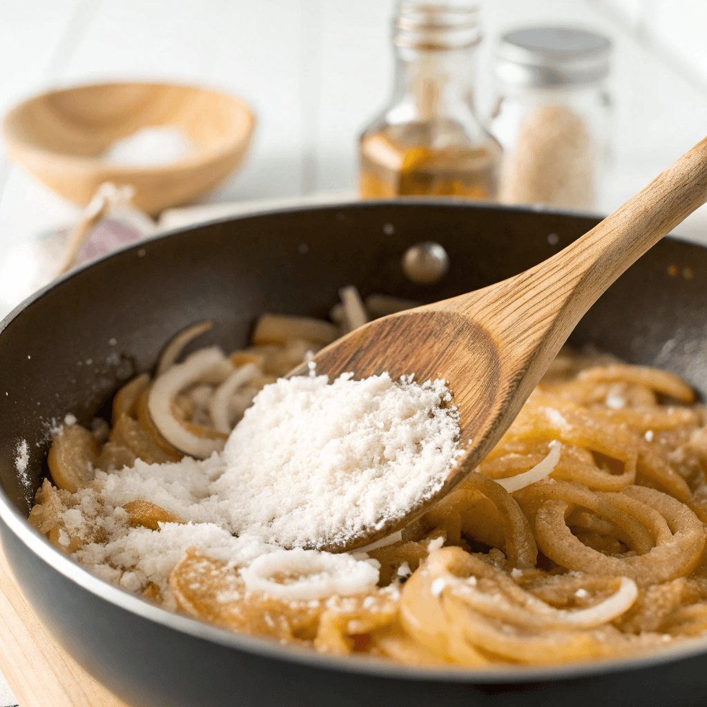 A wooden spoon stirring flour into the sautéed onions and garlic, forming a golden roux.