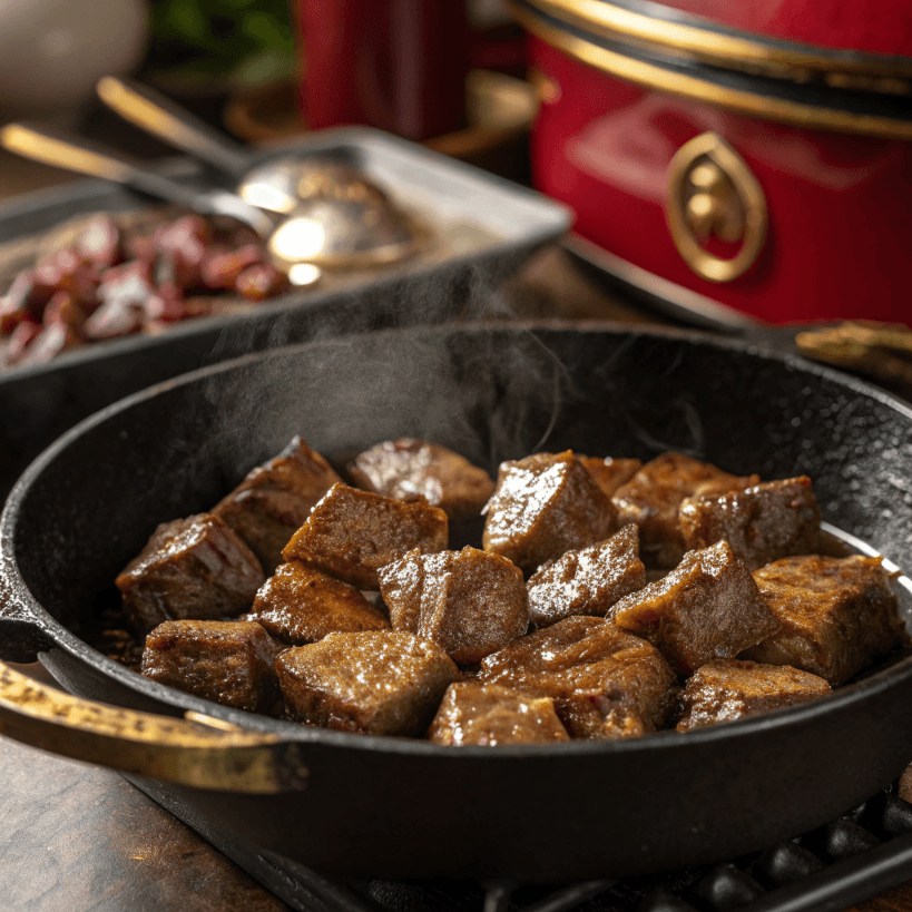 Cubed beef browning in a pan, with a rich aroma filling the kitchen.