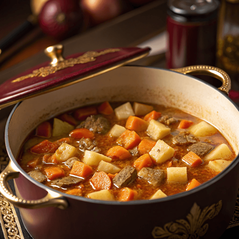 Diced carrots and potatoes simmering in a pot of beef broth.