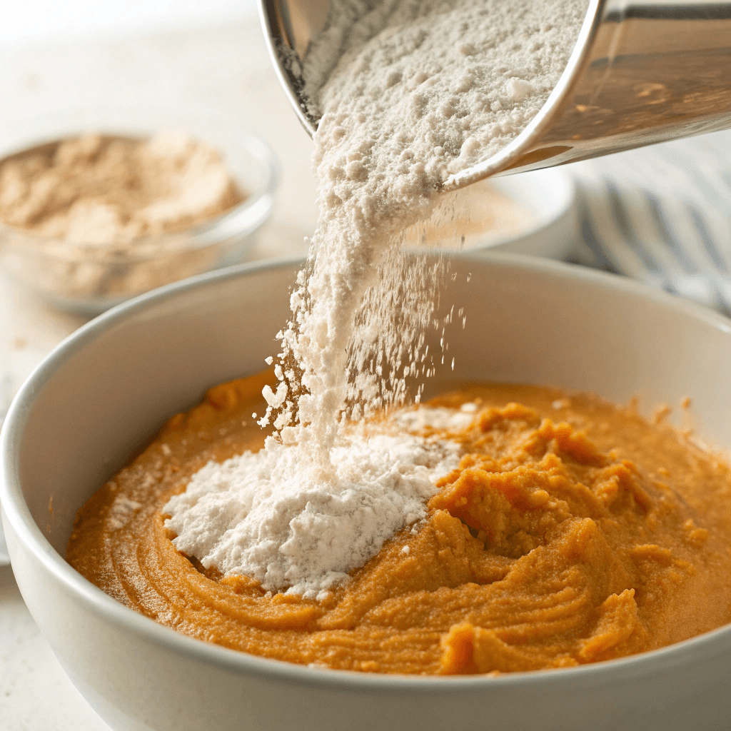 A shot of flour and protein powder being sifted into the pumpkin mixture, creating a fluffy texture.