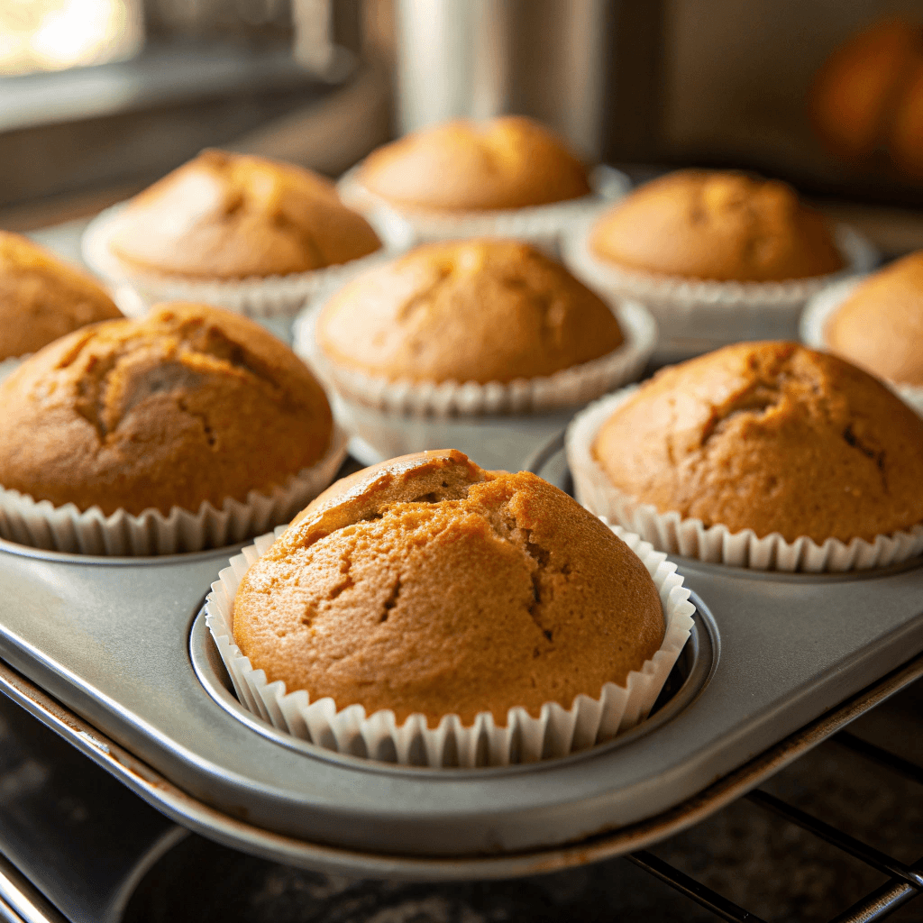 A close-up of muffins rising beautifully in the oven, golden on top with a fluffy texture.