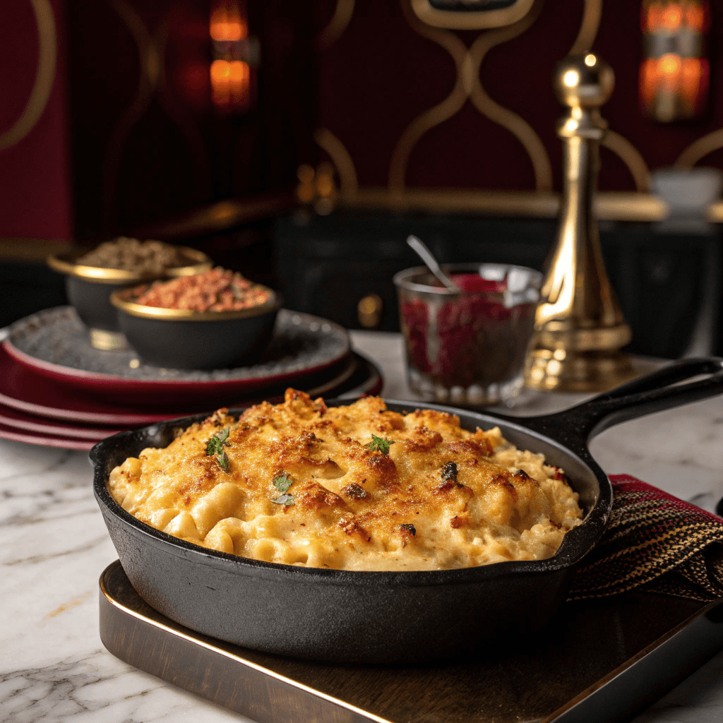 A close-up of golden, bubbly smoked mac and cheese in a cast iron skillet, topped with crispy panko breadcrumbs, set on a rustic wooden table.