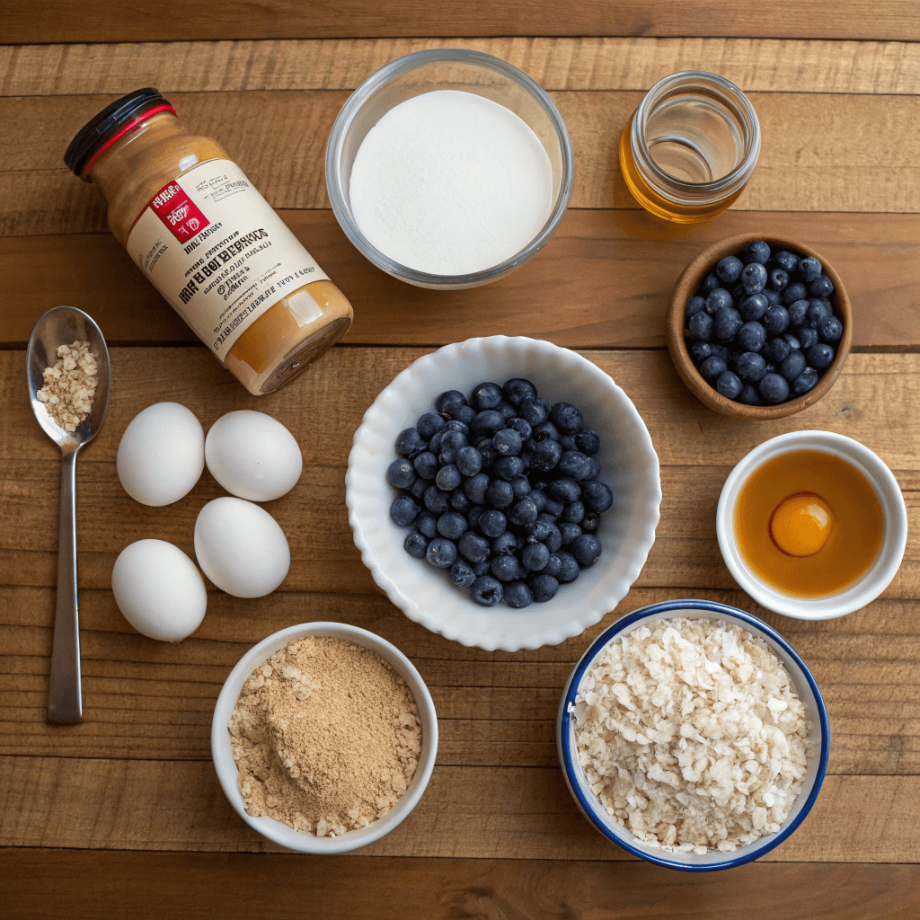 A flat lay of all ingredients neatly arranged on a wooden kitchen counter, with a bowl of oats, a jar of peanut butter, fresh blueberries, and a scoop of protein powder.