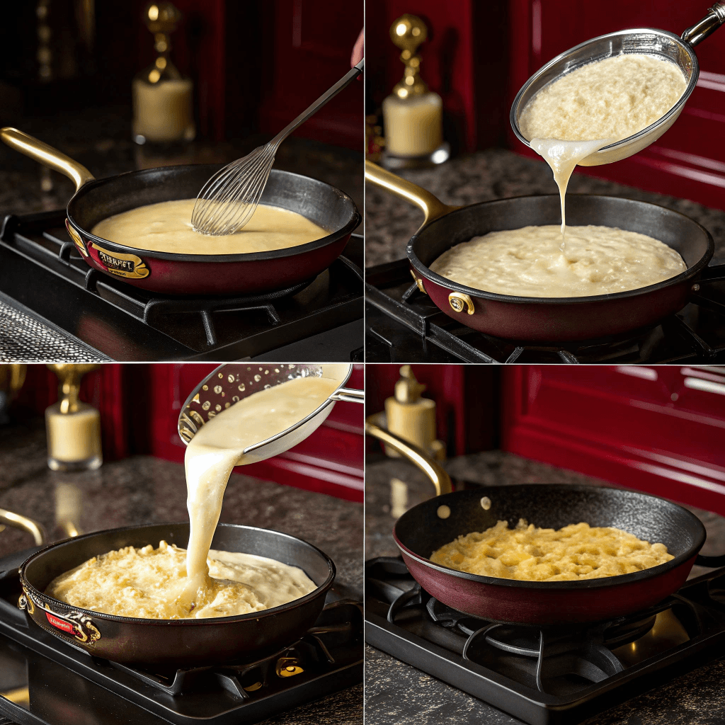 A cast iron skillet filled with gooey macaroni and cheese.