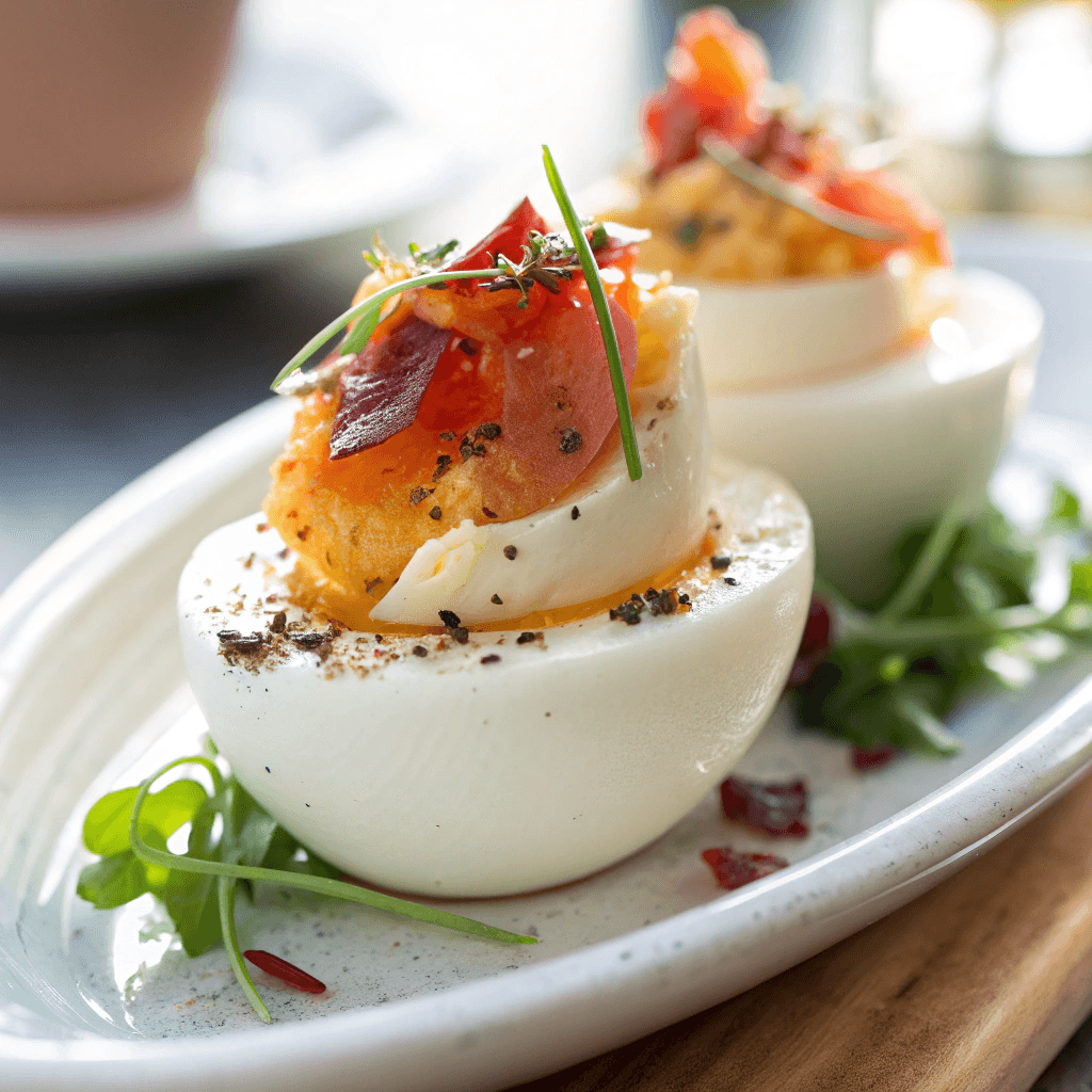Ultra-close-up, high-quality image of a single Egg Flights, capturing its creamy texture, vibrant toppings, and delicate details with intense focus. The egg should be placed on a small serving dish, with the background softly blurred. Bright, natural lighting should highlight the freshness of the ingredients. Emphasize intricate details such as the smooth egg white, glossy toppings, and crisp garnishes. The image must exclude additional elements to maintain a clean and immersive close-up