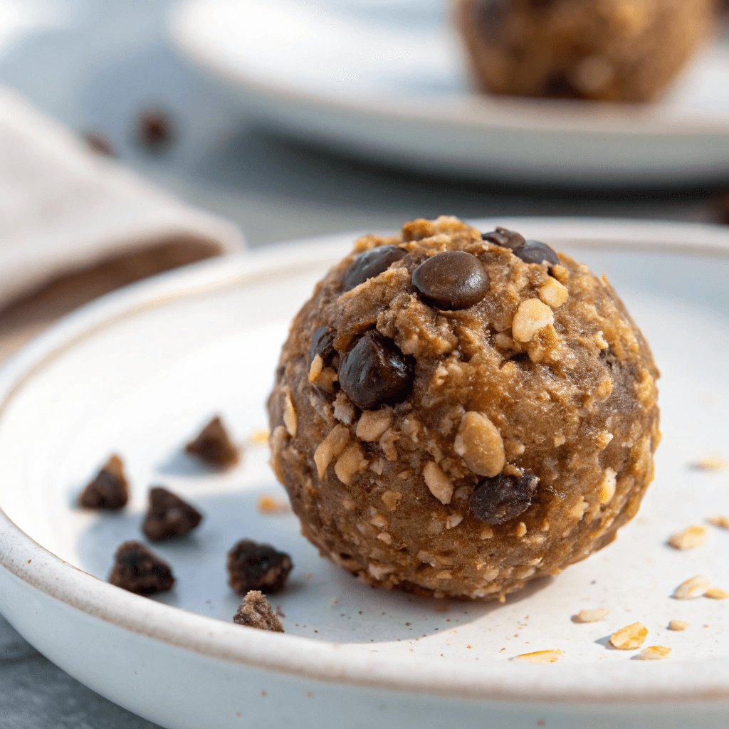 Ultra-close-up, high-quality image of a single date energy balls, capturing its rich, textured surface with visible chocolate chips and finely ground walnuts. The ball is placed on a simple white plate, with a softly blurred background emphasizing its details. Bright, natural lighting highlights the glossy chocolate chips and the slightly sticky texture of the dates, creating an irresistible appeal.