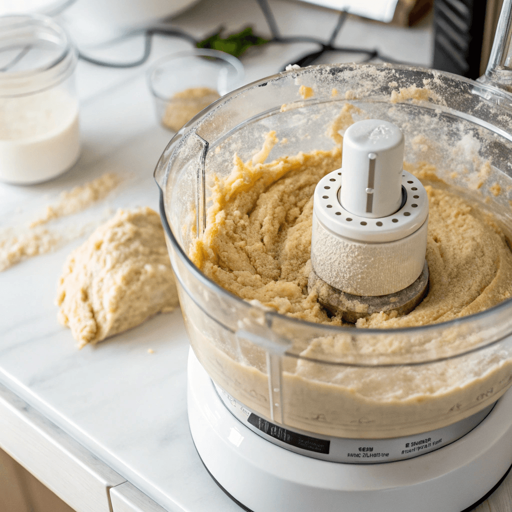 "Ultra-close-up of a food processor blending the ingredients into a cohesive, slightly sticky dough. The camera focuses on the transformation from separate ingredients into a smooth, moldable mixture. The food processor is set on a clean white marble countertop, with the soft blur of kitchen lighting enhancing the scene."