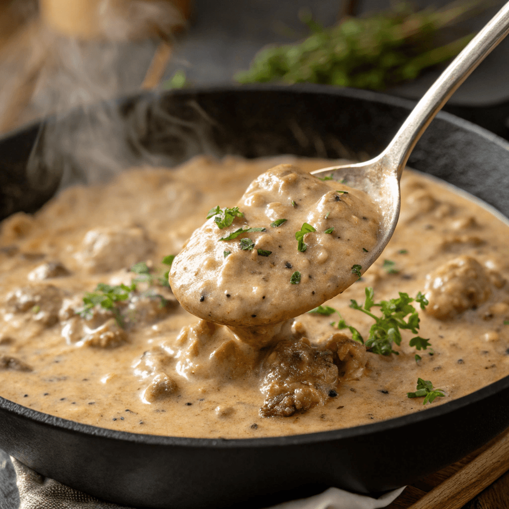 "Ultra-close-up of a ladle scooping thick, creamy sausage gravy from the skillet, showing flecks of black pepper and fresh herbs. The steam rising from the gravy emphasizes its warmth and richness."