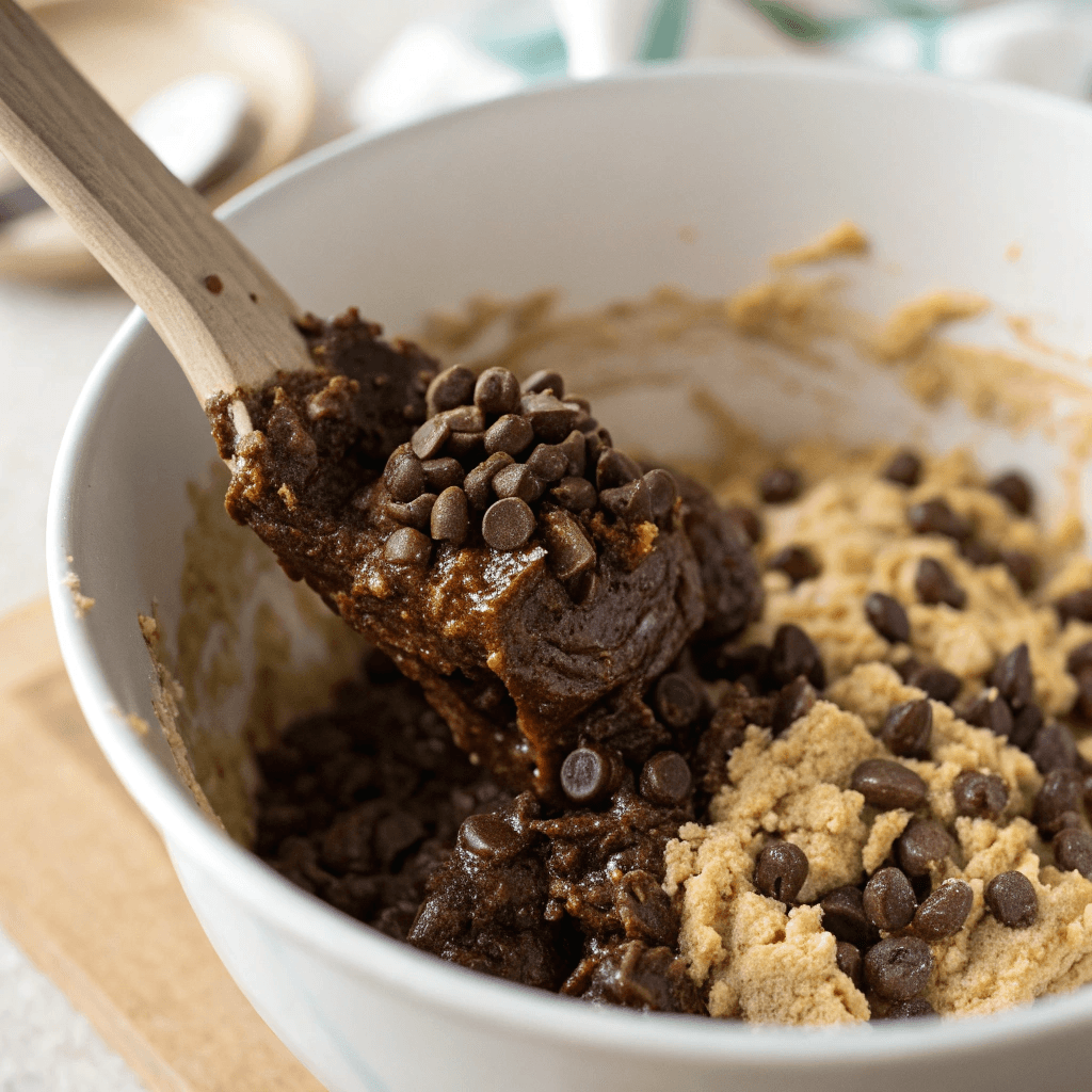 "Ultra-close-up of a mixing bowl containing the sticky date and walnut mixture with mini chocolate chips being folded in. A spatula gently stirs, while the rich, dark chocolate chips contrast beautifully against the light oat flour base. The background is softly blurred to keep the focus on the vibrant textures of the mixture."