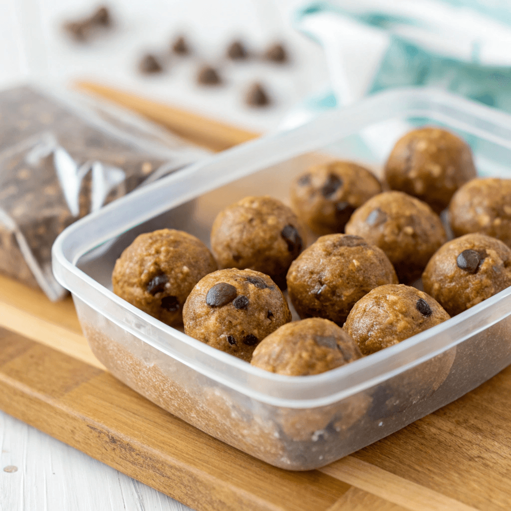 "Ultra-close-up of a neatly arranged airtight container filled with freshly made date energy balls. The balls glisten slightly under soft natural lighting, with chocolate chips peeking through. The container sits on a clean wooden surface, with a blurred background emphasizing freshness and readiness to enjoy."