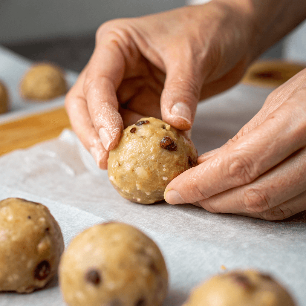 "Ultra-close-up of hands rolling a portion of the sticky dough into a perfect energy ball. The focus is on the smooth, compact texture of the ball, with tiny flecks of walnuts and chocolate chips visible. The ball is placed on a parchment-lined surface, with the blurred background keeping attention on the shaping process."