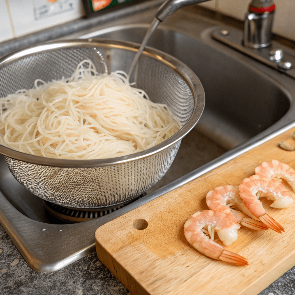"ultra-close-up view of a bowl of soft vermicelli noodles draining in a fine-mesh sieve, placed in a stainless steel sink. Beside it, a wooden cutting board holds halved shrimp, showing their delicate pink texture."