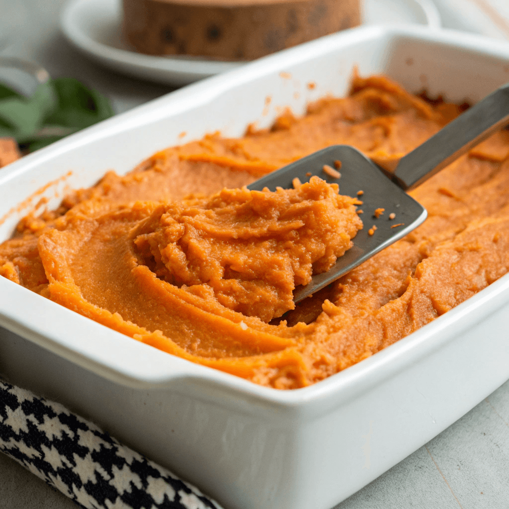 "Ultra-close-up view of a casserole dish filled with sweet potato mixture, freshly smoothed with a spatula. The warm orange base sits inside a white ceramic dish, ready to be baked."