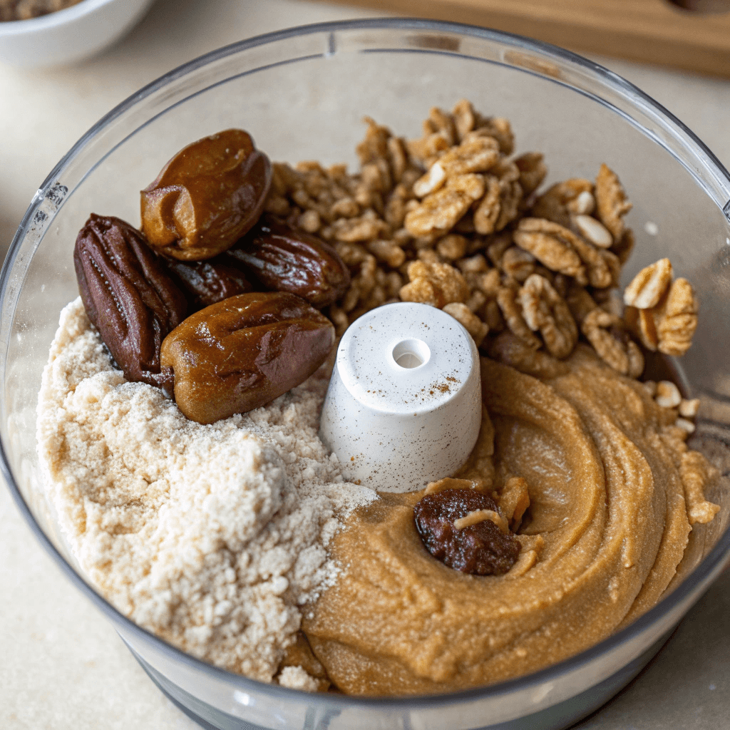 "Ultra-close-up view of a food processor bowl filled with oat flour, walnuts, soft Medjool dates, and almond butter. The camera angle captures the different textures, from the smooth almond butter to the slightly wrinkled dates. Natural light enhances the rich, earthy tones of the ingredients, making them look fresh and inviting."