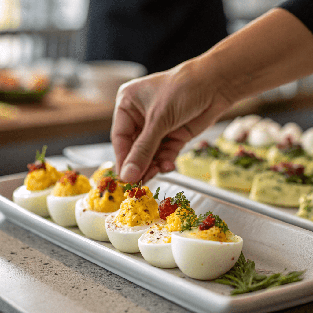 "Ultra-close-up view of a hand reaching for a finished Egg Flight from a neatly arranged serving platter. The background is softly blurred, emphasizing the inviting textures and colors of the eggs and toppings."