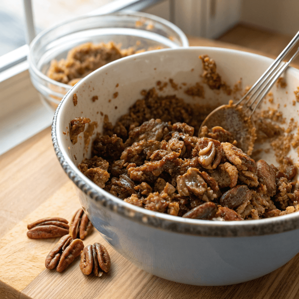 "Ultra-close-up view of a mixing bowl filled with brown sugar pecan crumble, placed on a wooden countertop. The rich, caramel-like sugar and crunchy pecans contrast beautifully in the soft, natural light."