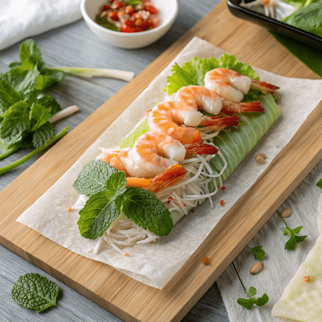 "ultra-close-up view of a rice paper sheet on a wooden cutting board, topped with vibrant layers of shrimp, mint leaves, lettuce, vermicelli noodles, and bean sprouts. The ingredients are neatly arranged to showcase their colors and textures."