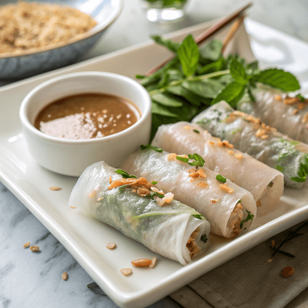 "ultra-close-up view of a serving plate with neatly arranged rice paper rolls, each glistening slightly under soft natural lighting. A small dipping bowl of peanut sauce sits beside them, with a drizzle on one roll for added appeal."