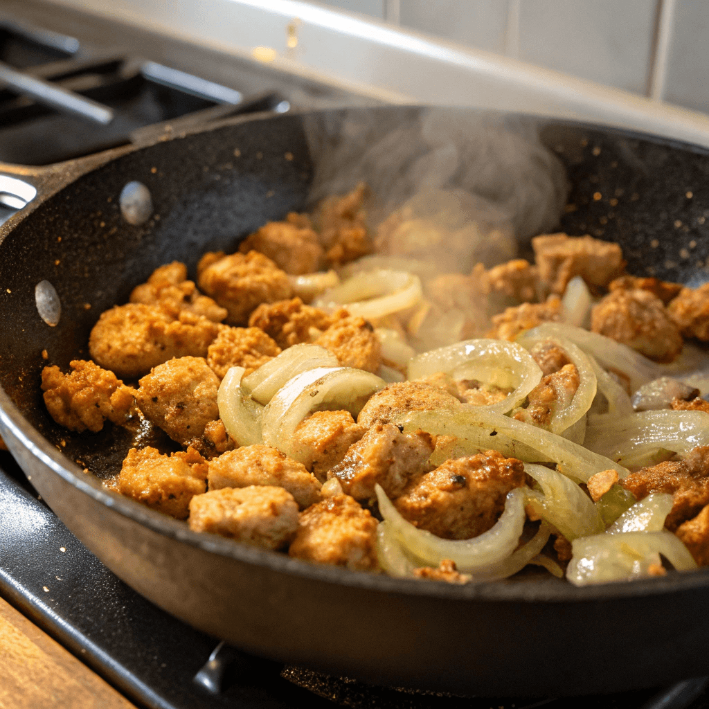 "Ultra-close-up view of a skillet on a stovetop, showing golden-brown chicken sausage crumbles sizzling alongside softened, translucent onions. The heat causes a gentle steam to rise, emphasizing the richness of the ingredients."