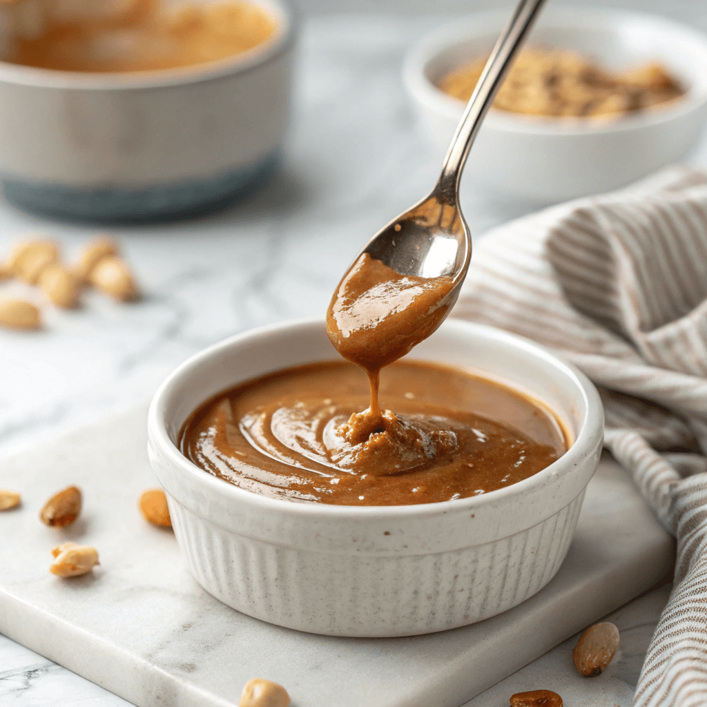 "ultra-close-up view of a small ceramic bowl filled with glossy peanut dipping sauce, placed on a white marble countertop. A spoon drizzling a small amount of sauce back into the bowl highlights its smooth texture. The background remains softly blurred, keeping focus on the sauce."