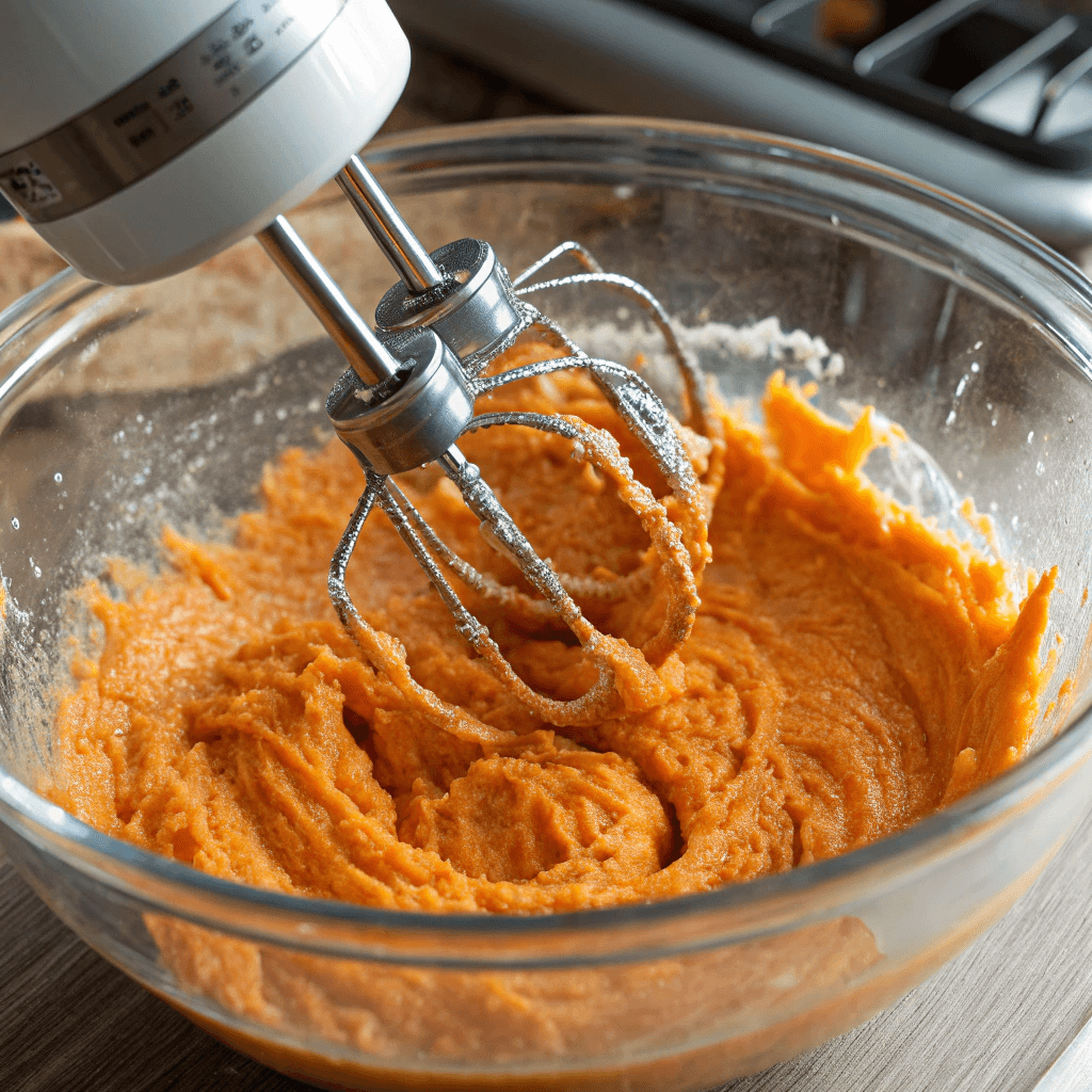 "Ultra-close-up view of an electric mixer blending the sweet potato mixture in a glass bowl. The rich, orange hue of the sweet potatoes contrasts with the sleek metal beaters, emphasizing the creamy consistency."