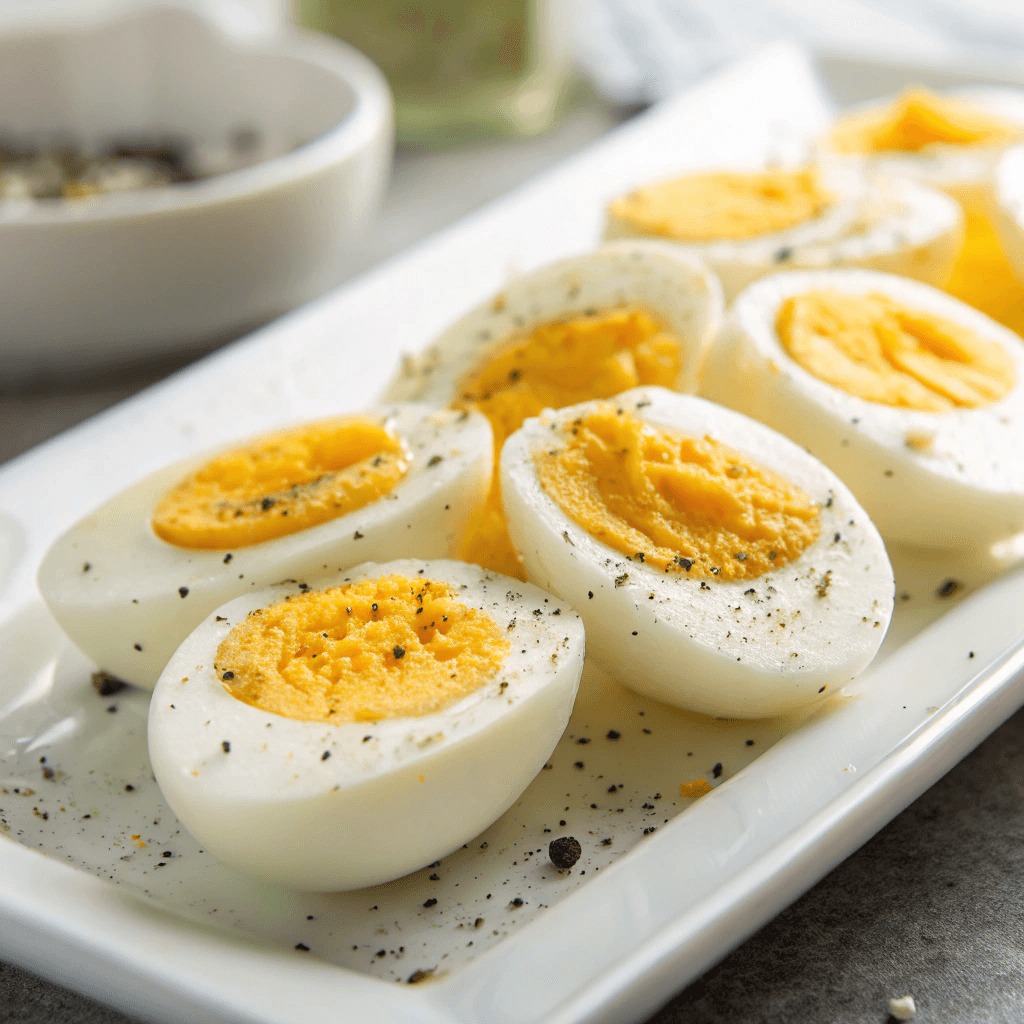 "Ultra-close-up view of freshly sliced hard-boiled eggs on a sleek white serving plate. The smooth egg whites contrast beautifully with the bright yellow yolks, with delicate flecks of salt and pepper enhancing their texture. The background remains softly blurred to maintain focus on the eggs."