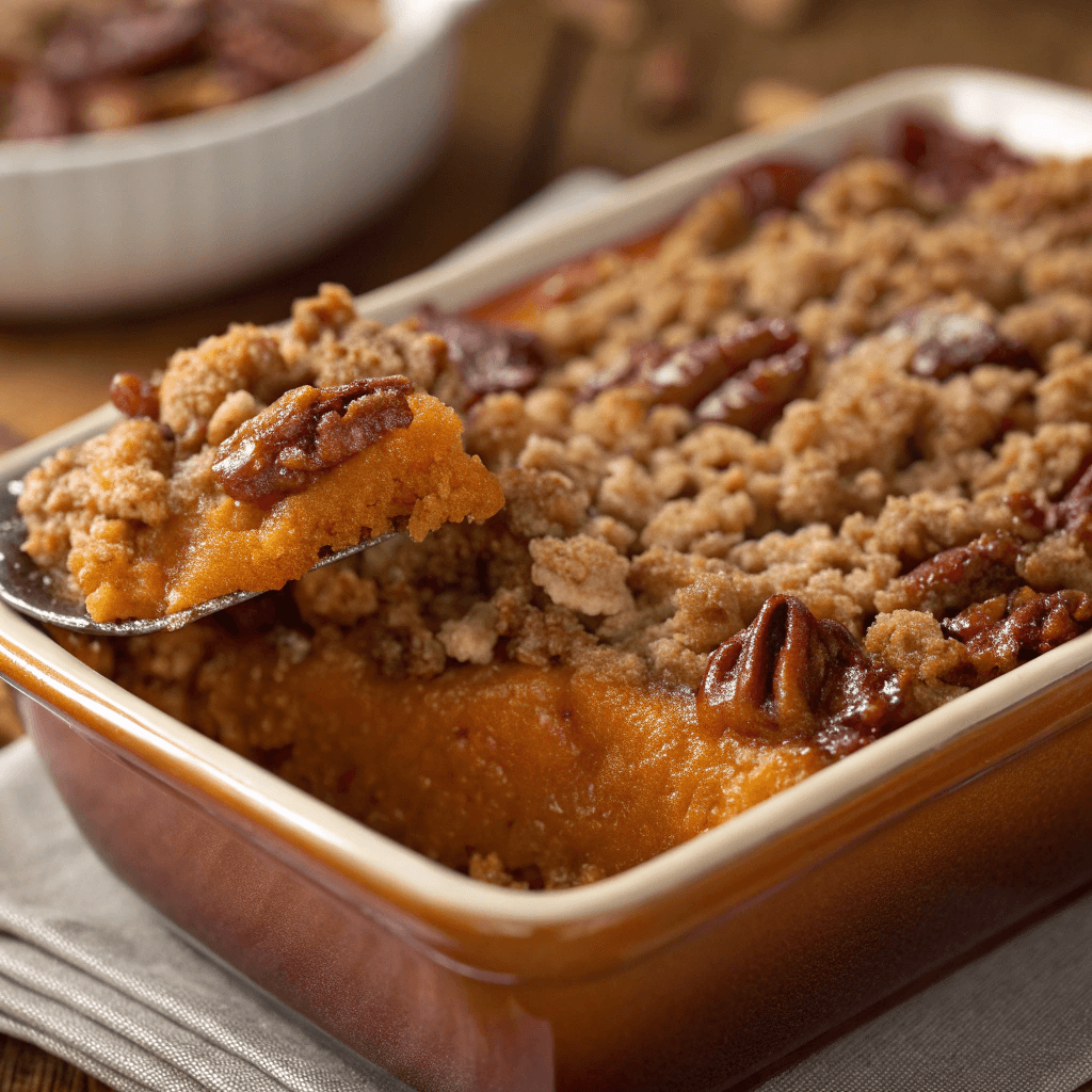 "Ultra-close-up view of golden brown pecan crumble, freshly baked atop the sweet potato casserole. The caramelized sugar glistens under the soft oven light, emphasizing its irresistible texture."