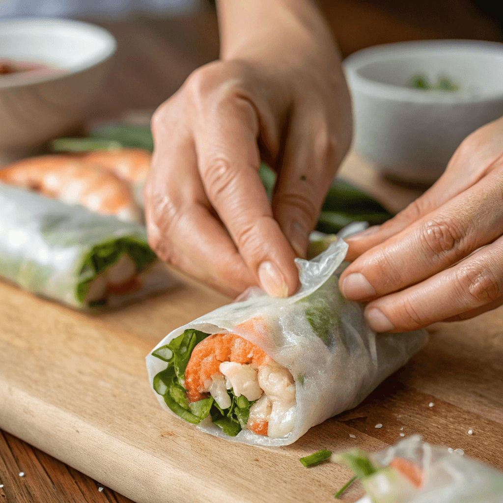 "ultra-close-up view of hands gently rolling up a rice paper roll on a wooden surface. The shrimp and fresh ingredients peek through the delicate wrapper, highlighting the beautiful layers inside."