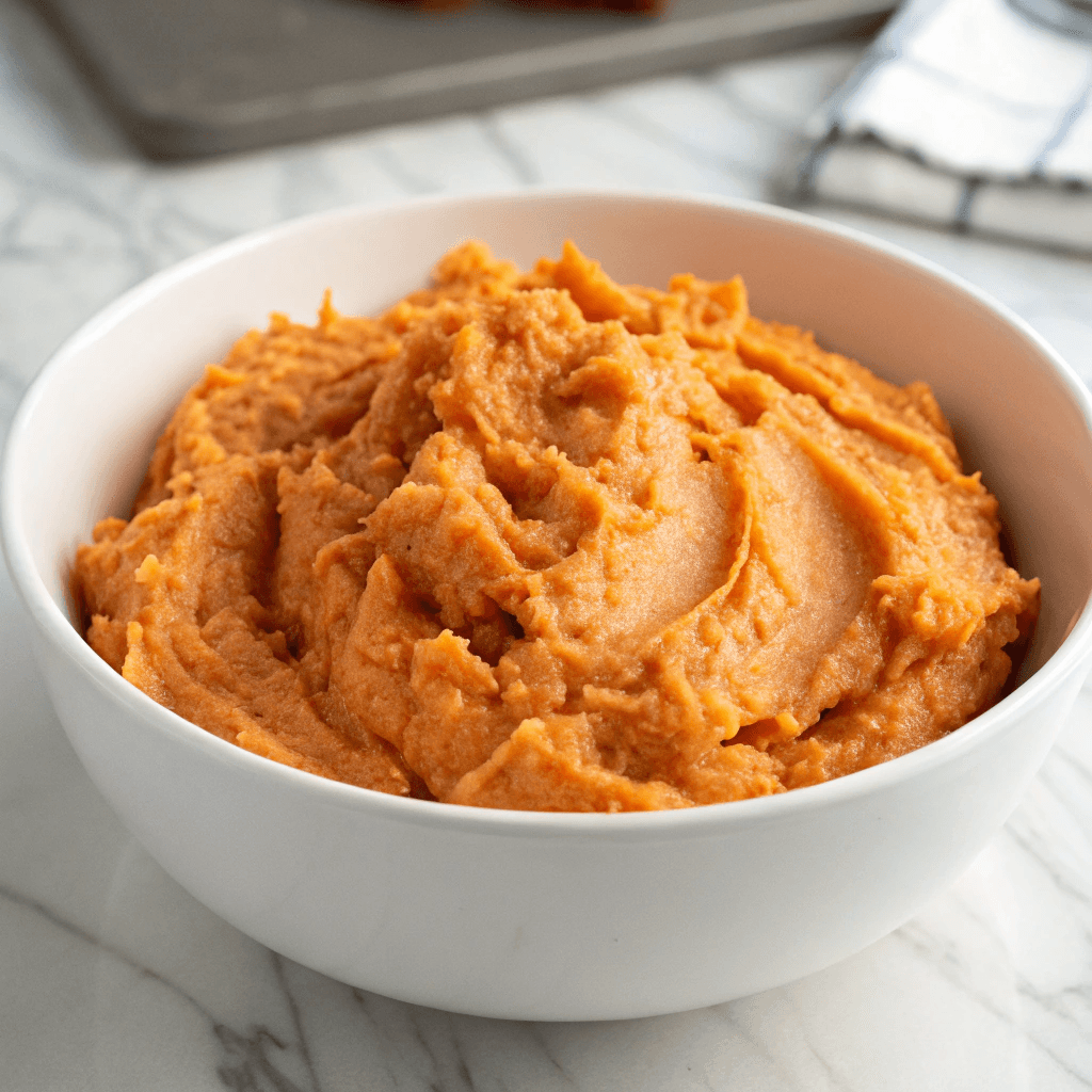 "Ultra-close-up view of mashed sweet potatoes in a white mixing bowl, placed on a clean marble countertop. The warm, orange tones contrast beautifully with the neutral background, and soft lighting highlights the smooth, creamy texture."
