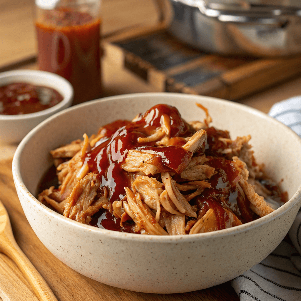 A bowl of shredded chicken being mixed with rich, glossy BBQ sauce.
