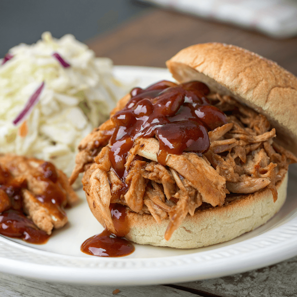 A close-up of juicy BBQ pulled chicken piled on a toasted bun, with a drizzle of extra barbecue sauce and a side of coleslaw.