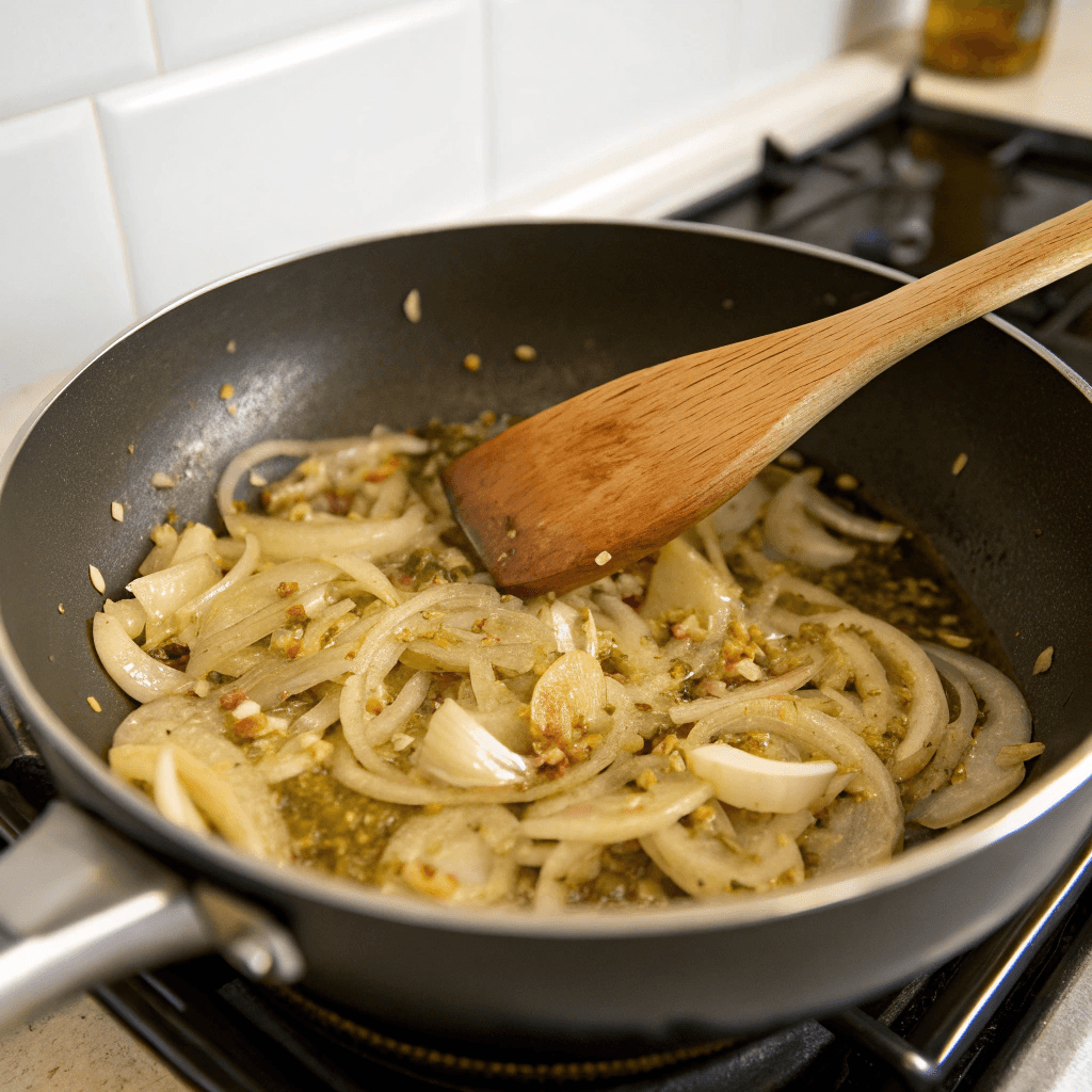 A pan with softened onions and garlic sizzling in olive oil, with a wooden spoon stirring.