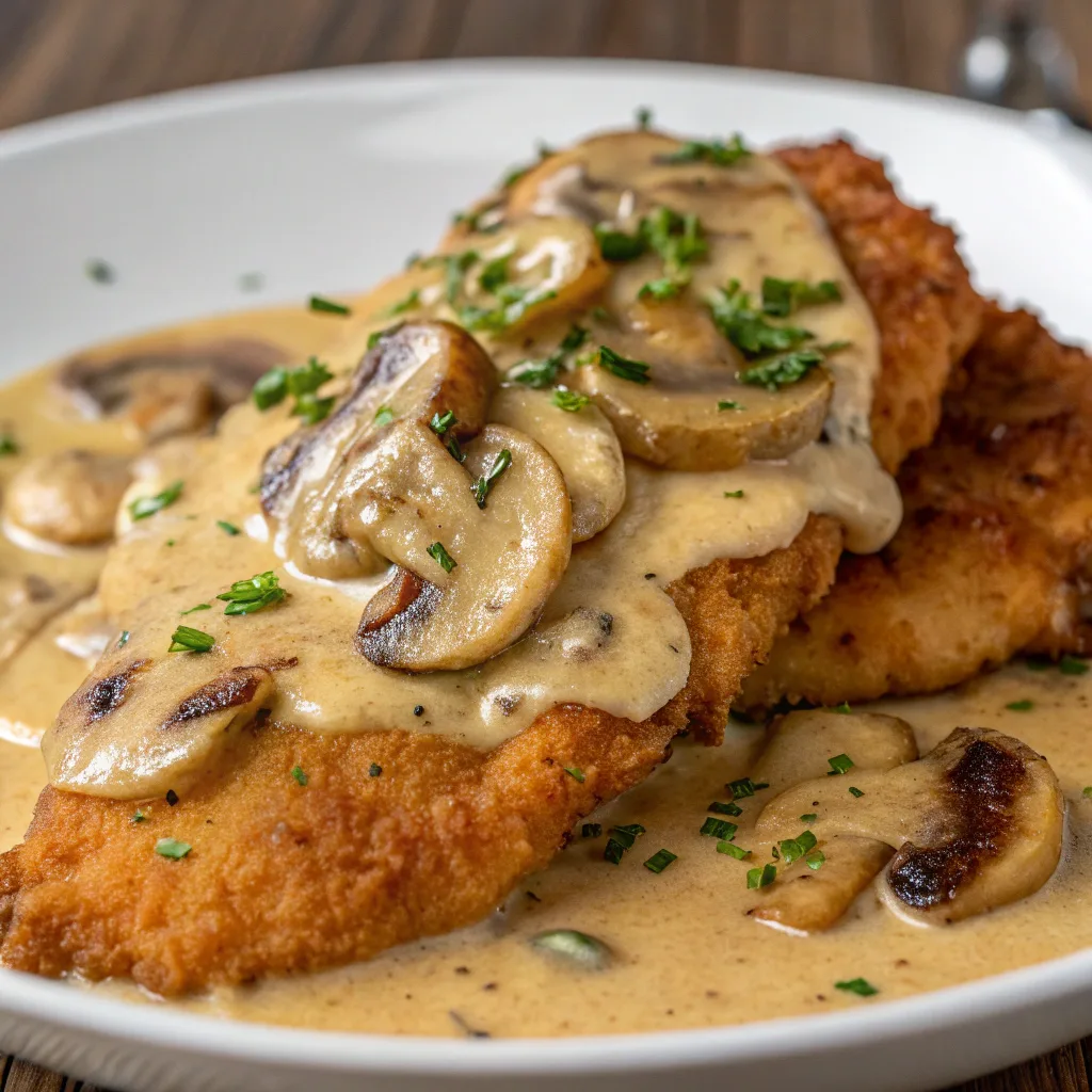 A close-up shot of golden Creamy Chicken and Mushroom smothered in a rich, creamy mushroom sauce, garnished with fresh parsley in a rustic skillet.
