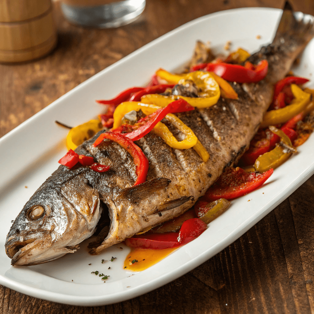 A steaming plate of brown stew fish with a thick, glossy sauce, garnished with fresh thyme and served alongside rice and fried plantains.