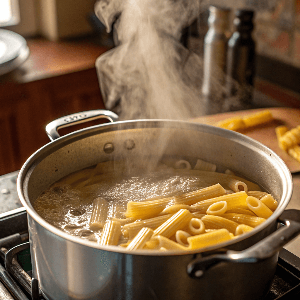 A pot of boiling water with ziti pasta being stirred, steam rising from the surface.