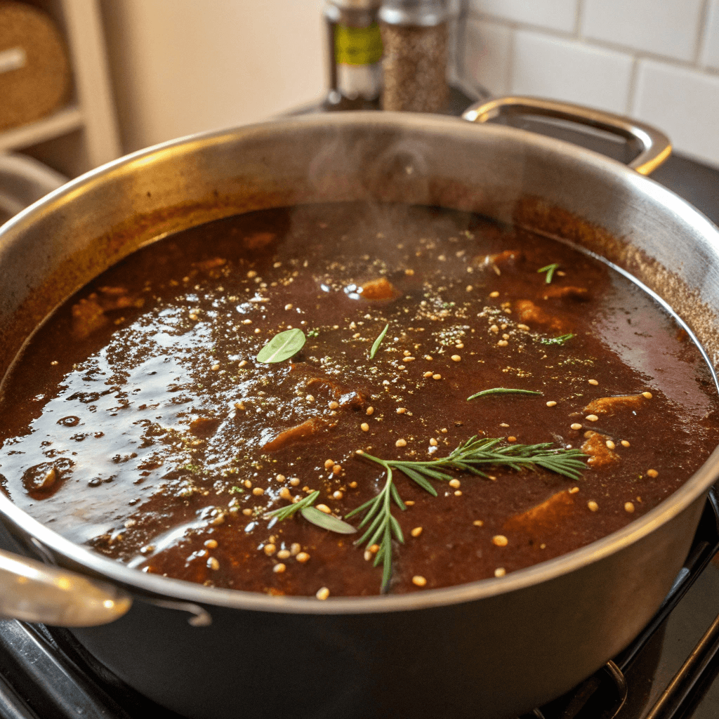 A rich, dark brown sauce simmering with seasonings.