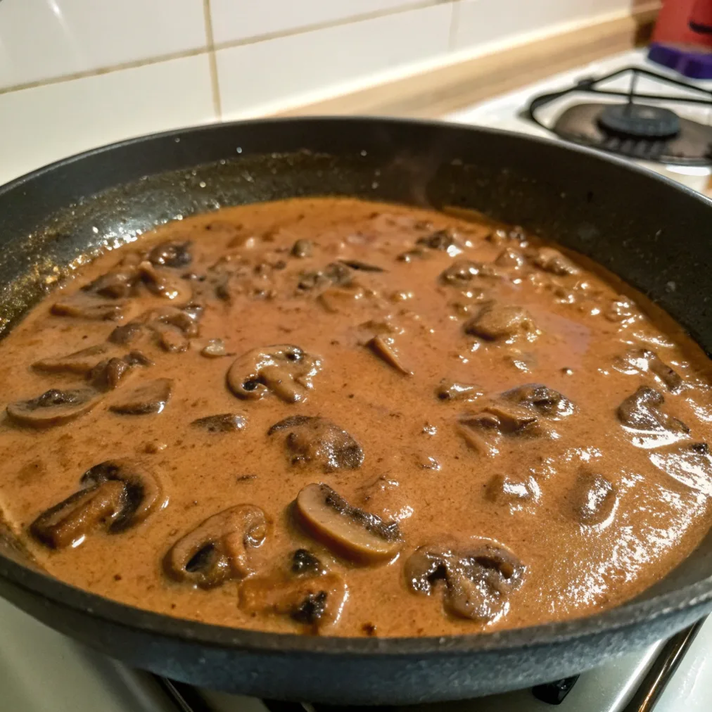 A rich, velvety mushroom sauce bubbling in a skillet.