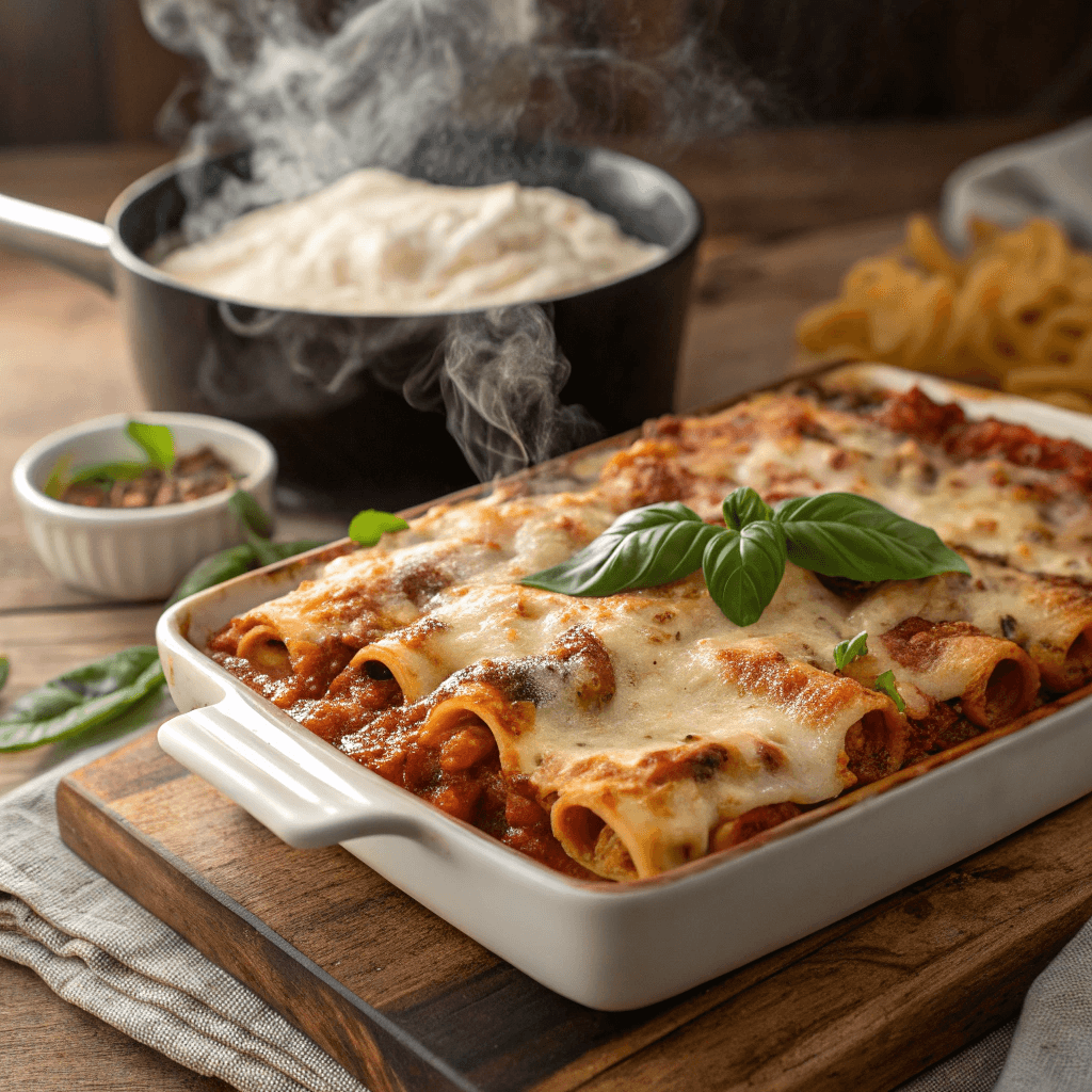 A steaming dish of baked ziti, with bubbling golden cheese on top, fresh basil garnish, and layers of pasta, sauce, and ricotta visible on the side.